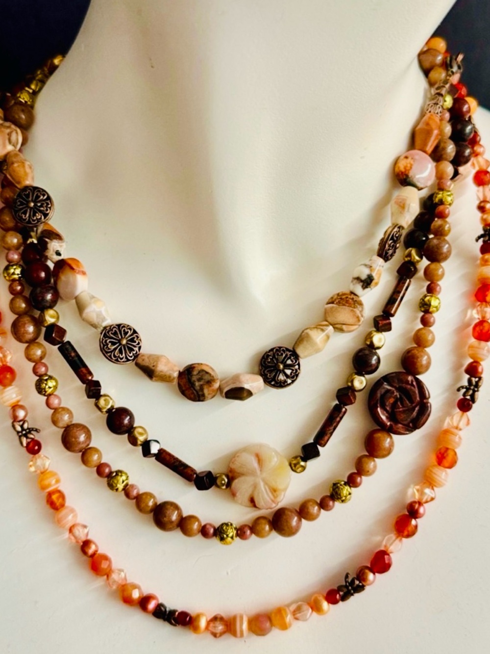 4 Vtg Handmade Carnelian + Agate Beaded Boho Festival Necklaces - Brown & Orange